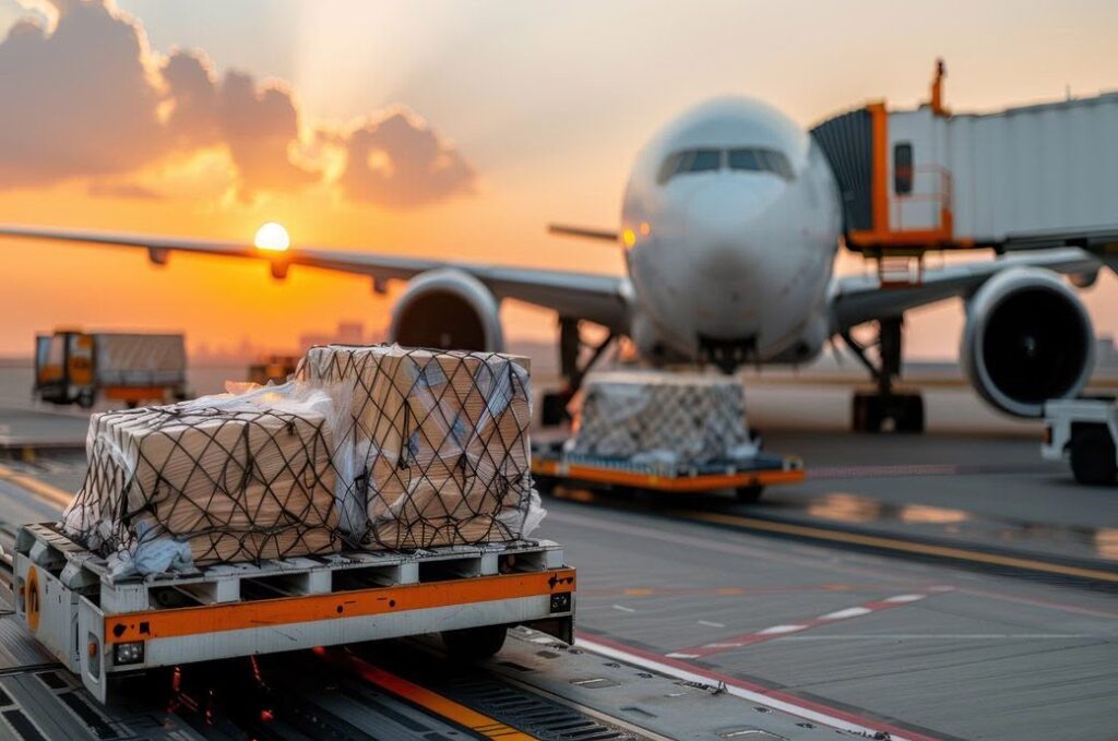 Palettes de fret sur le tarmac devant un avion-cargo au coucher du soleil