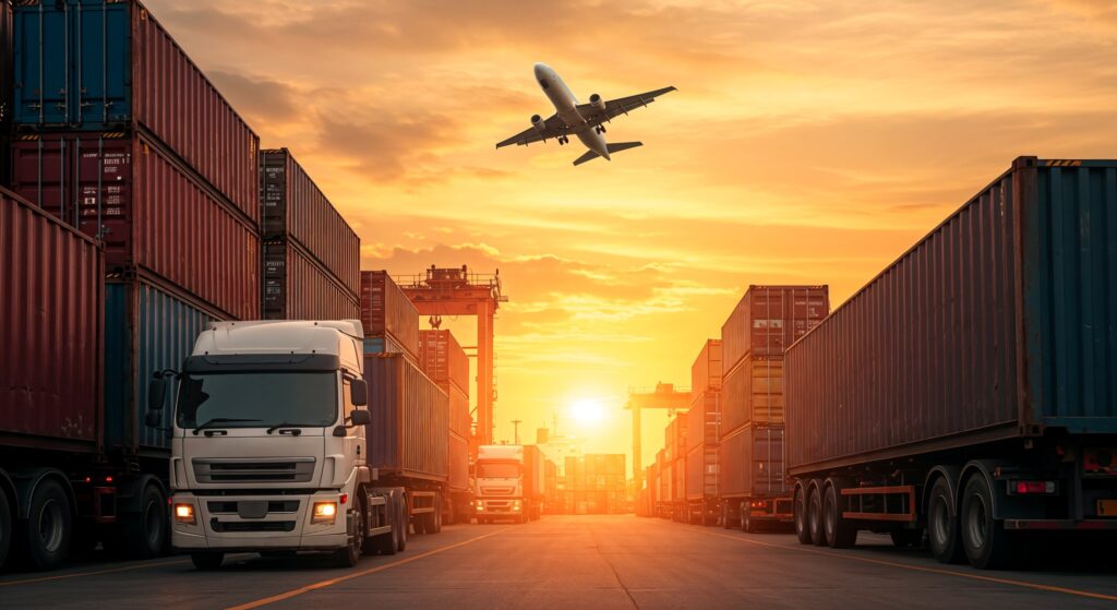 Camions porte-conteneurs dans un terminal au coucher du soleil, avion au décollage